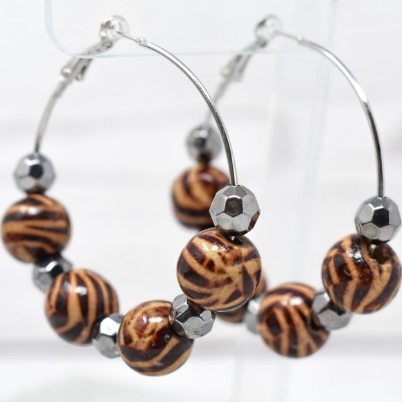 2" Zebra Print Wood Beads Leverback Hoop Earrings - Picture 1 of 12